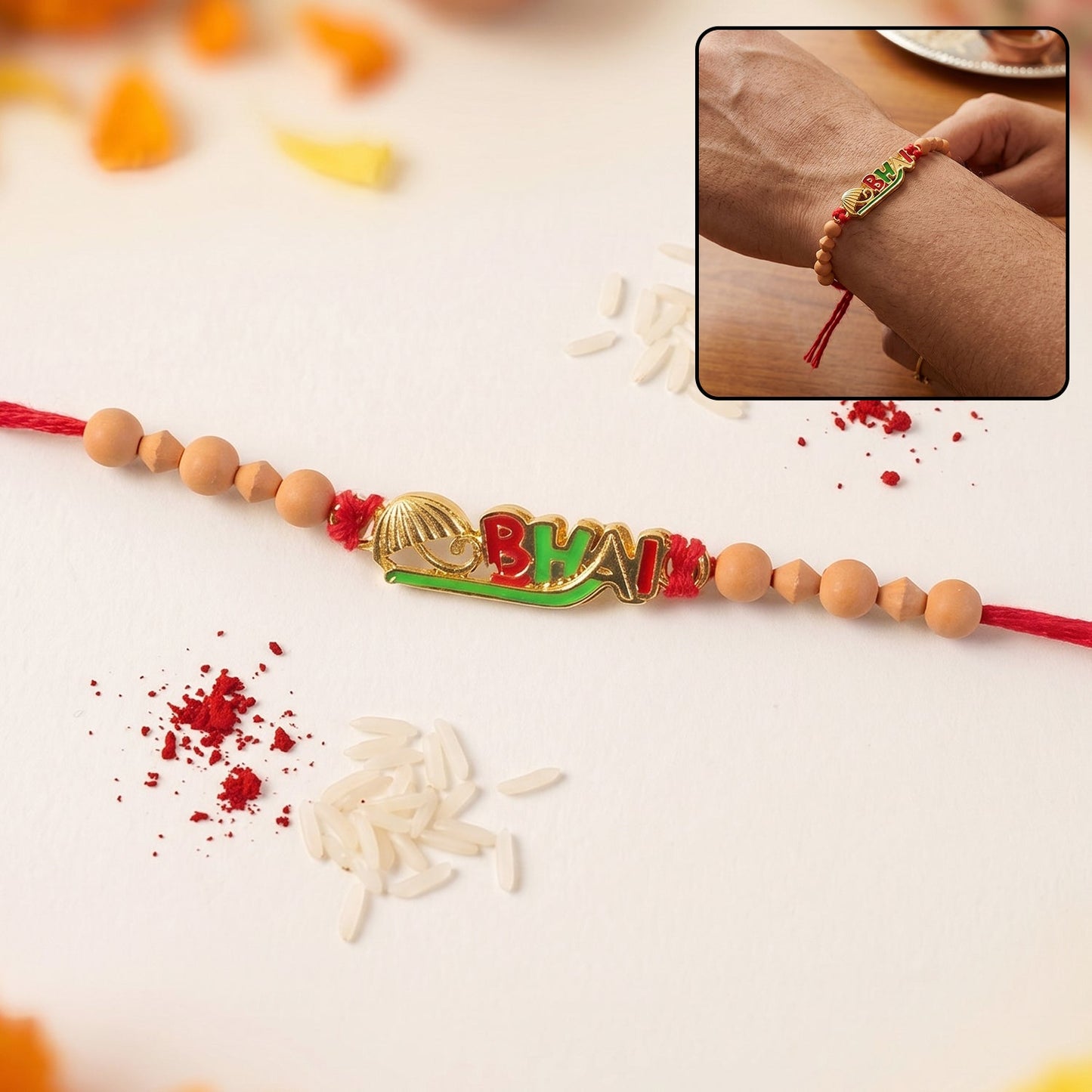 Colourful 'BHAI' Rakhi with Wooden Beads
