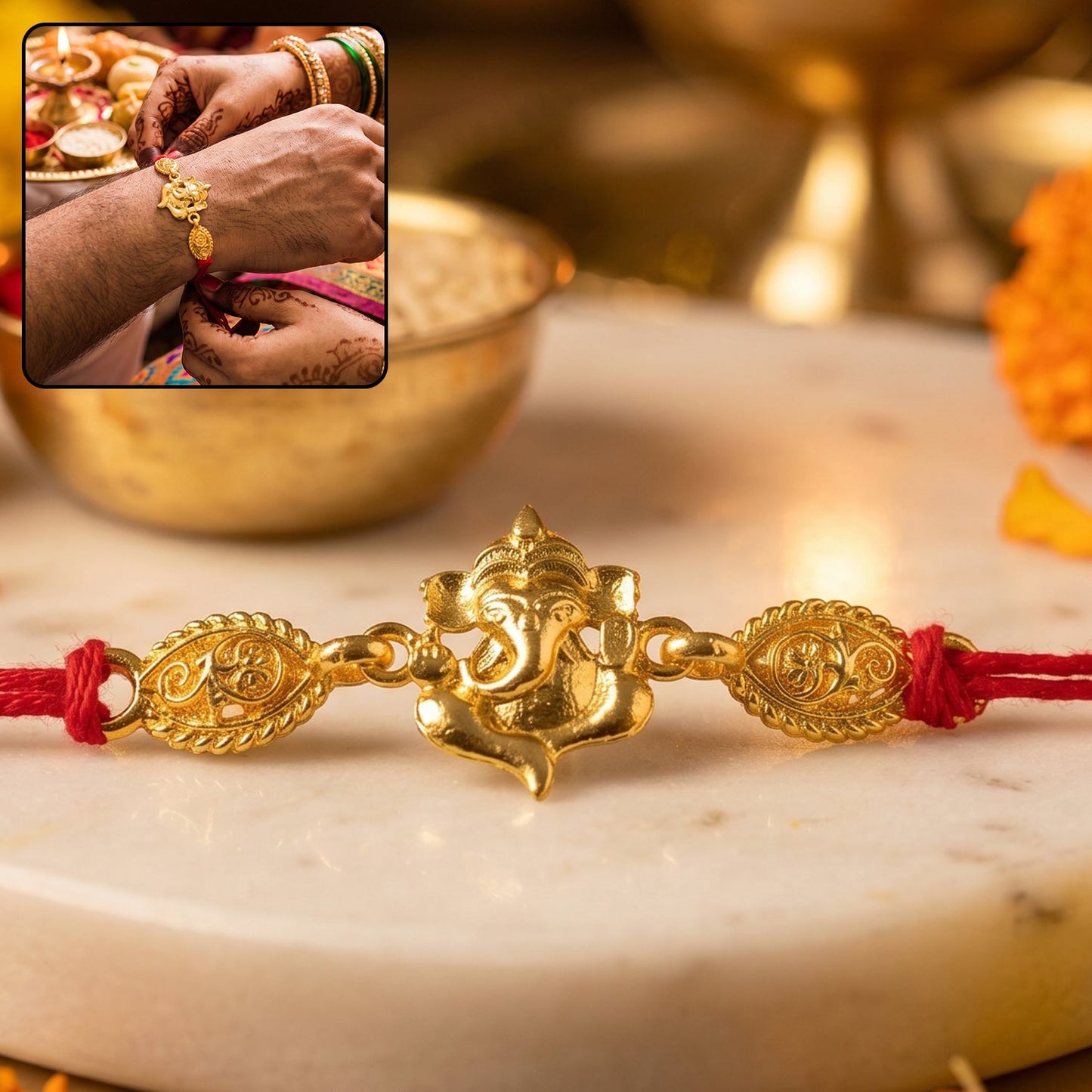 Twin Lord Ganesha Golden Rakhi