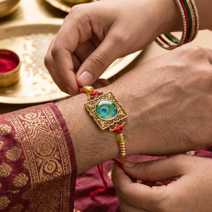 Antique Square Peacock Feather Rakhi