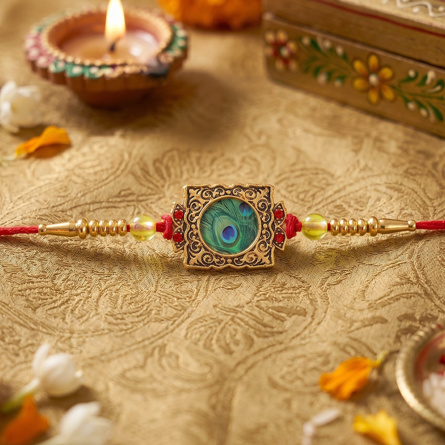 Antique Square Peacock Feather Rakhi
