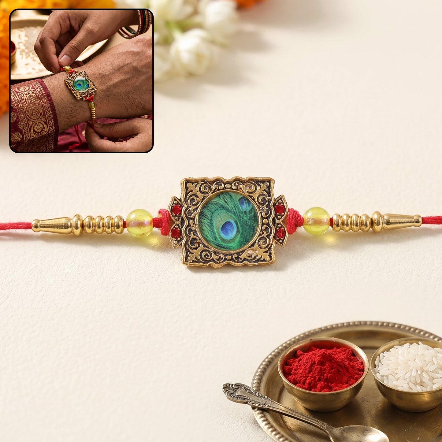 Antique Square Peacock Feather Rakhi