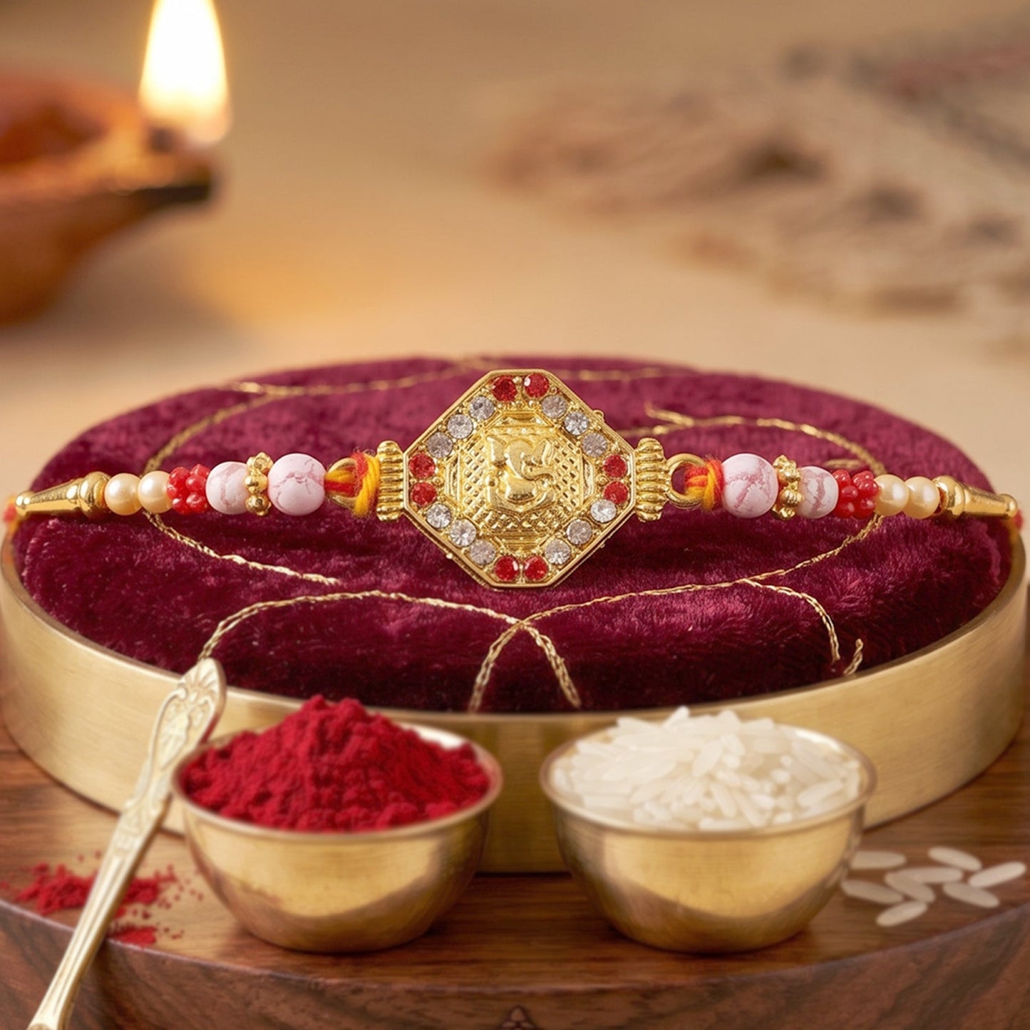 Goddess Lakshmi Rakhi with Red & White Stones