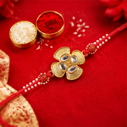 Golden Kundan Flower Rakhi with Rudraksha