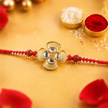 Golden Kundan Flower Rakhi with Rudraksha