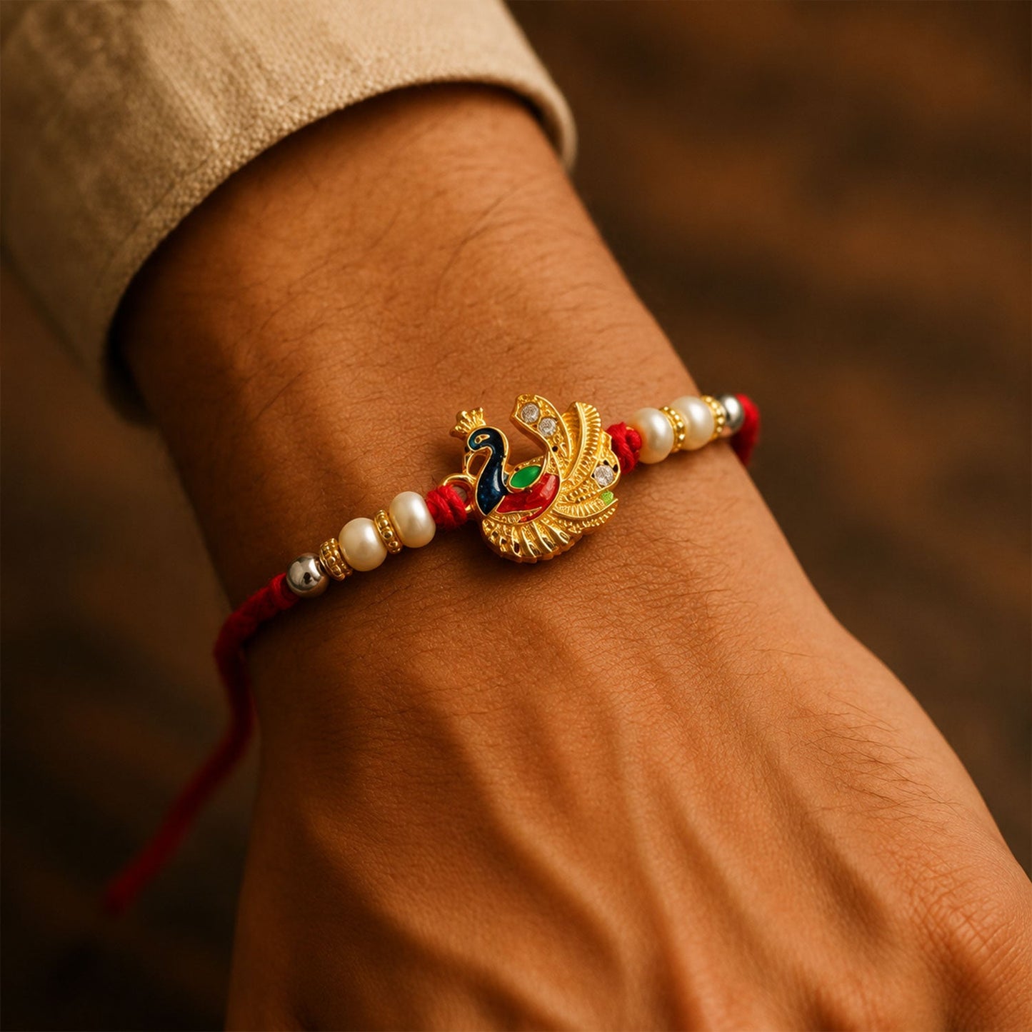 Meenakari Peacock Rakhi with Pearls