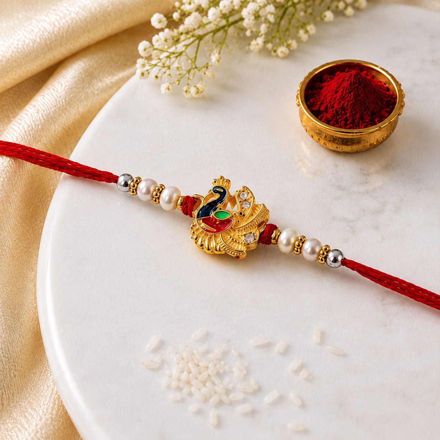 Meenakari Peacock Rakhi with Pearls