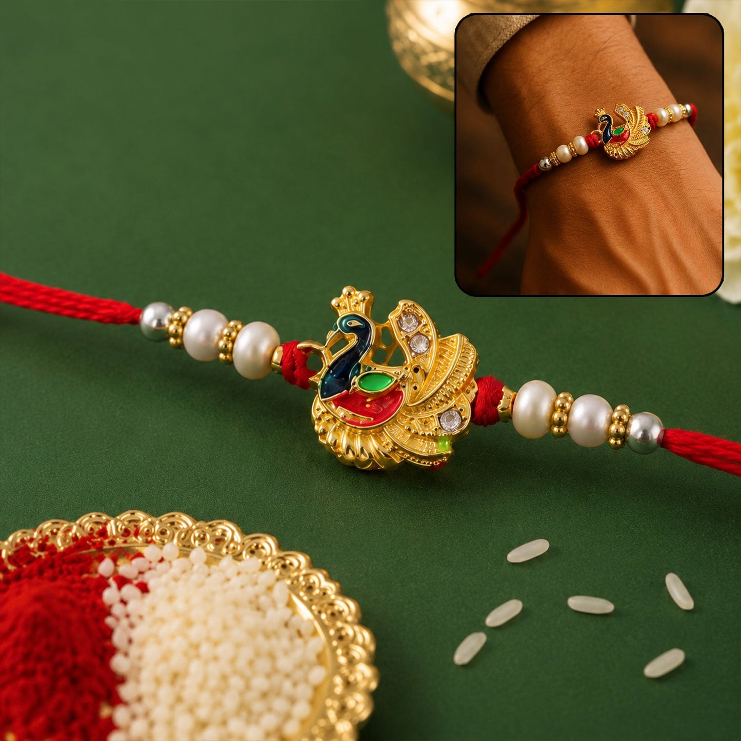 Meenakari Peacock Rakhi with Pearls