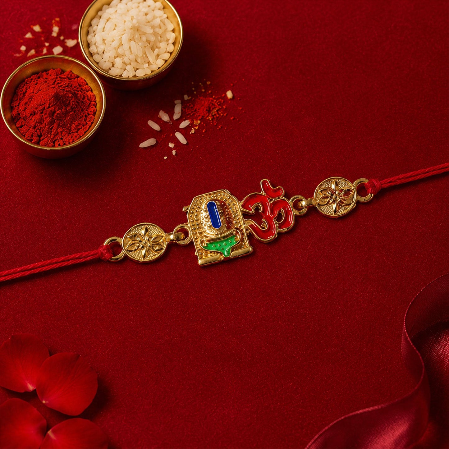 Golden 'Om' Rakhi with Blue Stone & Leaf