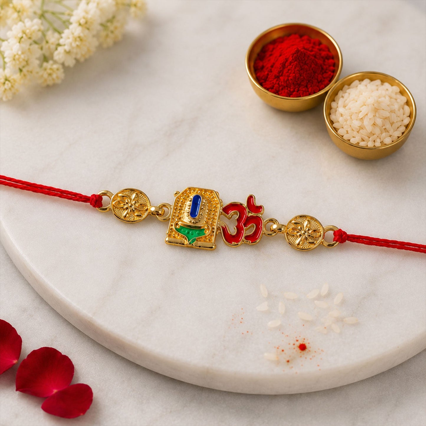 Golden 'Om' Rakhi with Blue Stone & Leaf