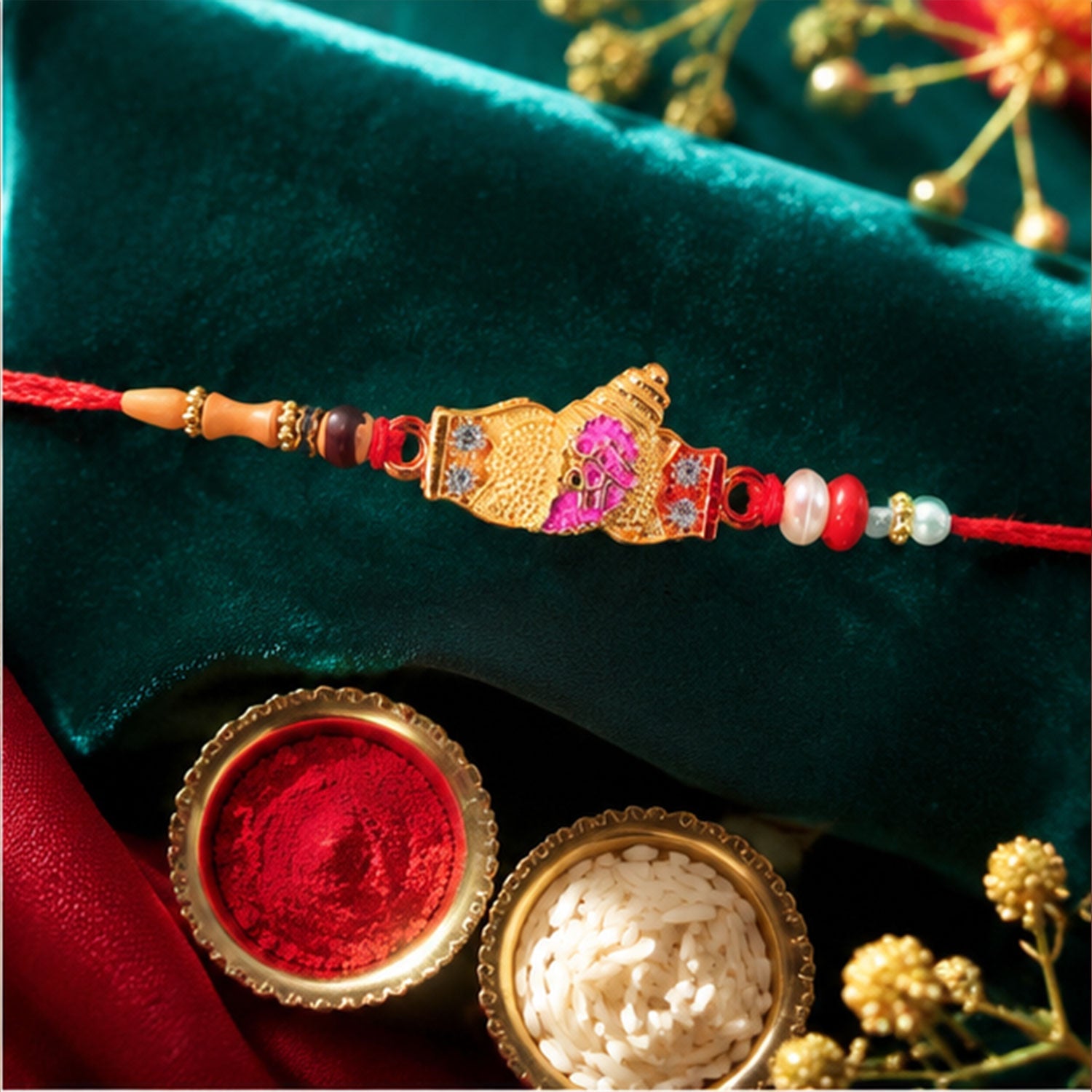 Ornate Gold Meenakari Rakhi with CZ Stones