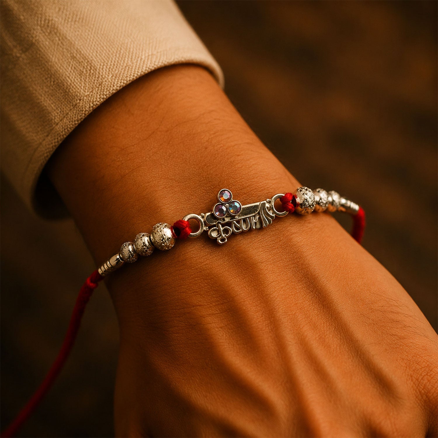 Oxidised krishna Silver Beaded Rakhi with CZ