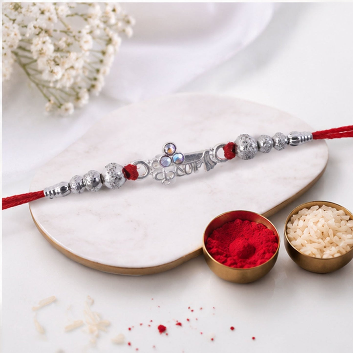 Oxidised krishna Silver Beaded Rakhi with CZ