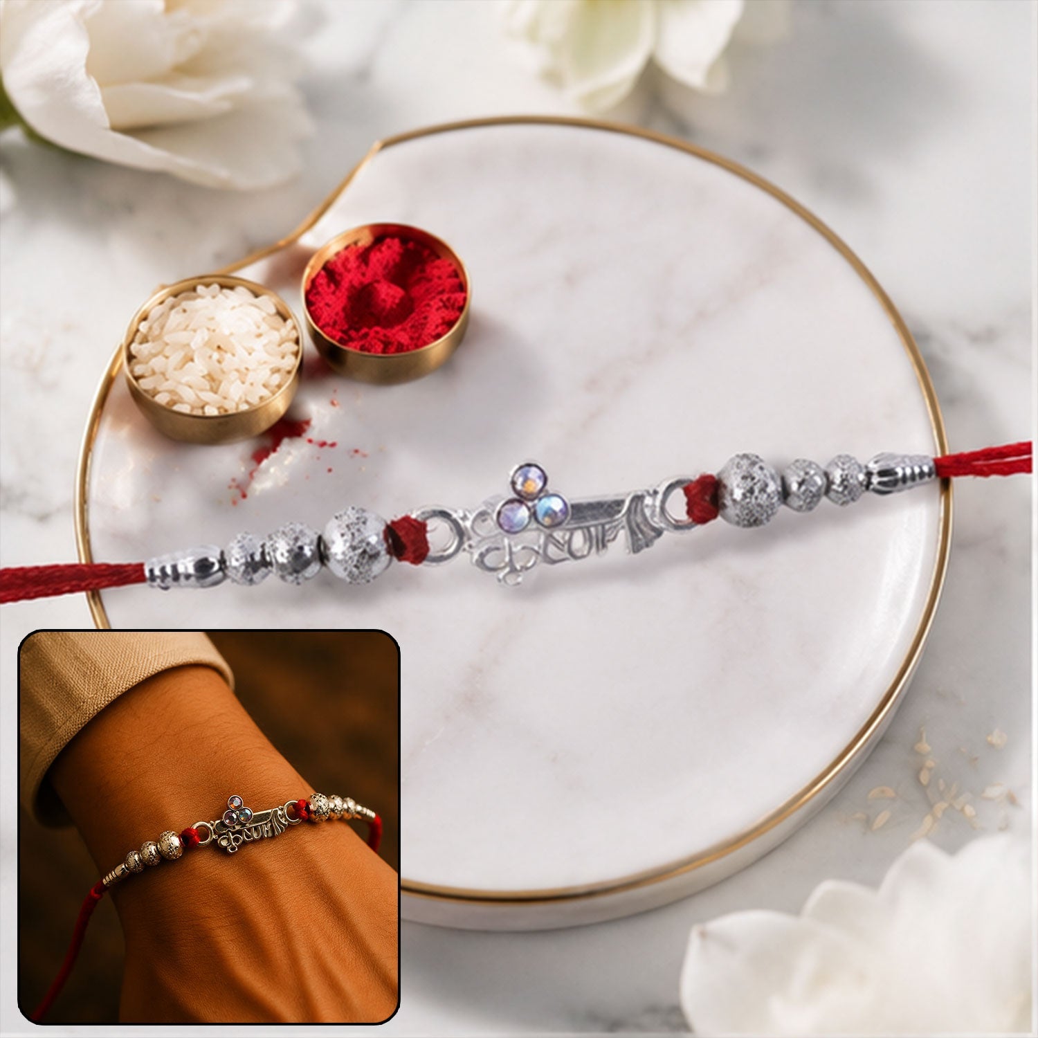 Oxidised krishna Silver Beaded Rakhi with CZ
