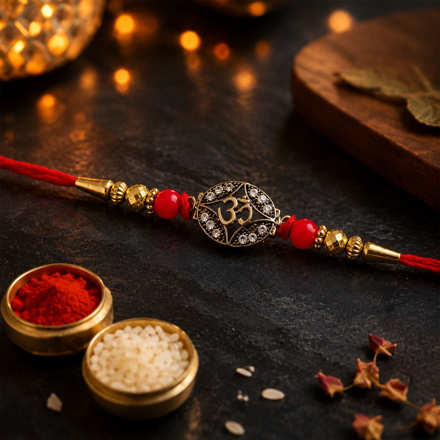 Antique Golden 'Om' Oval Rakhi