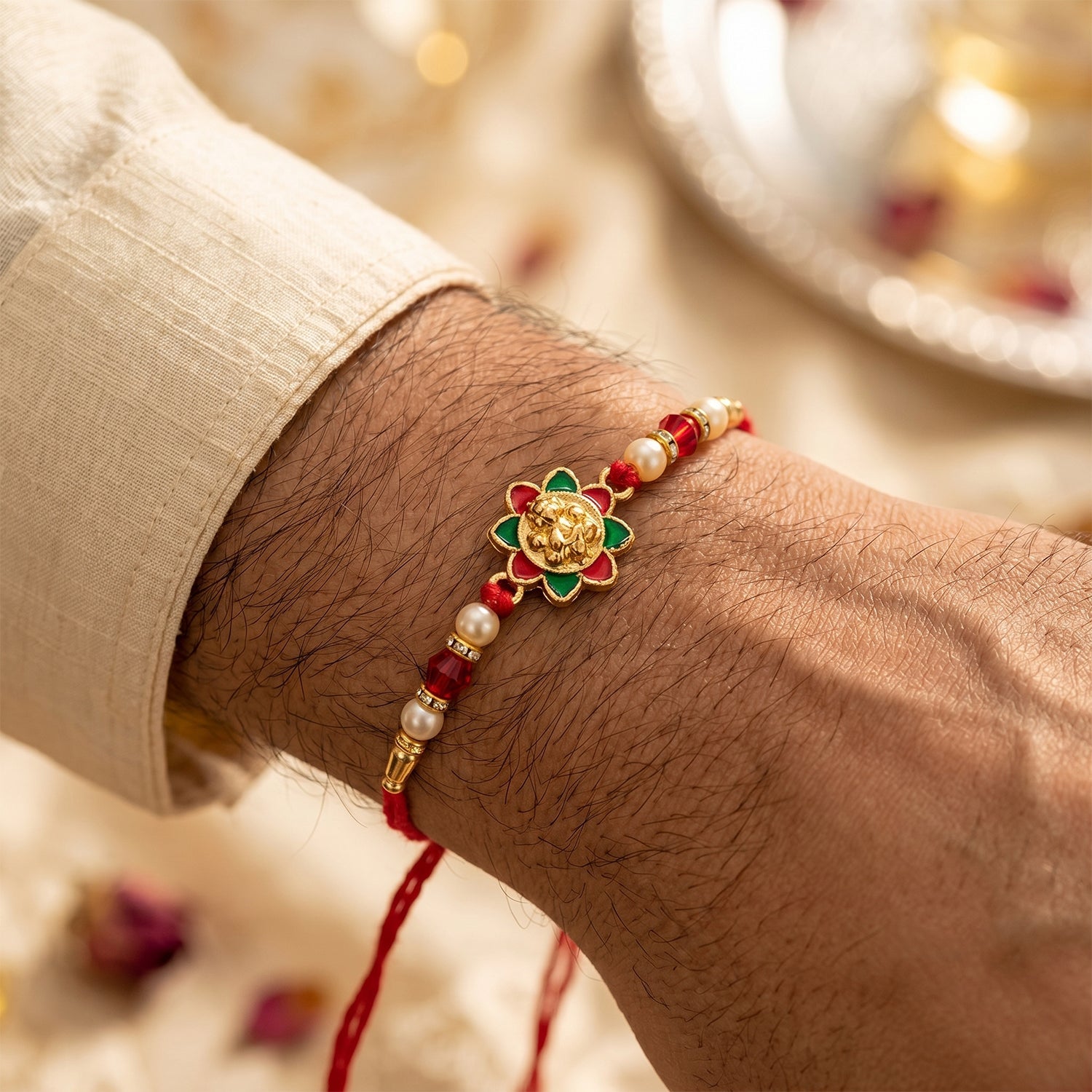 Traditional Golden Floral Meenakari Rakhi with Pearls & Red Beads for Brother - Rakshabandhan Gift