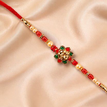 Traditional Golden Floral Meenakari Rakhi with Pearls & Red Beads for Brother - Rakshabandhan Gift