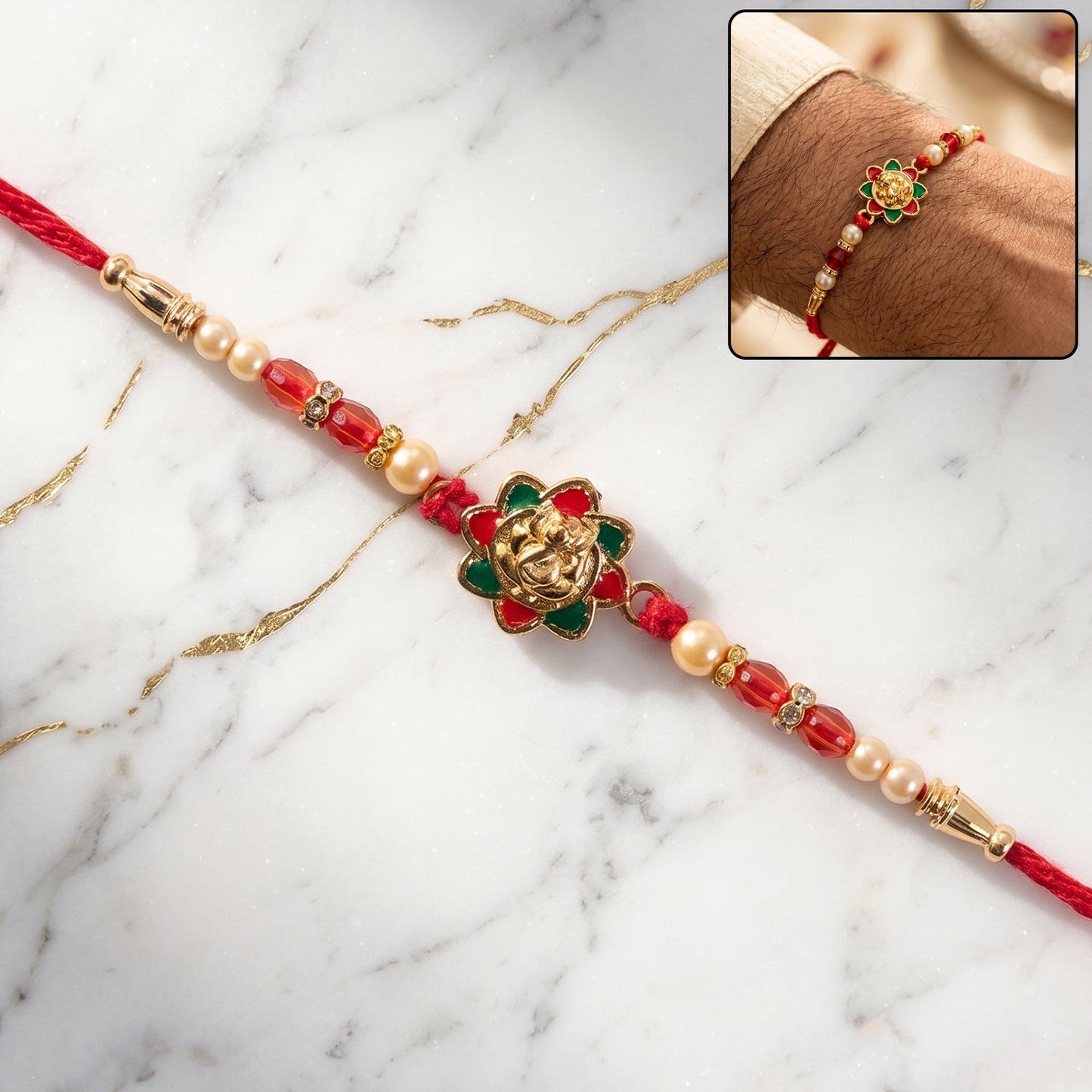 Traditional Golden Floral Meenakari Rakhi with Pearls & Red Beads for Brother - Rakshabandhan Gift
