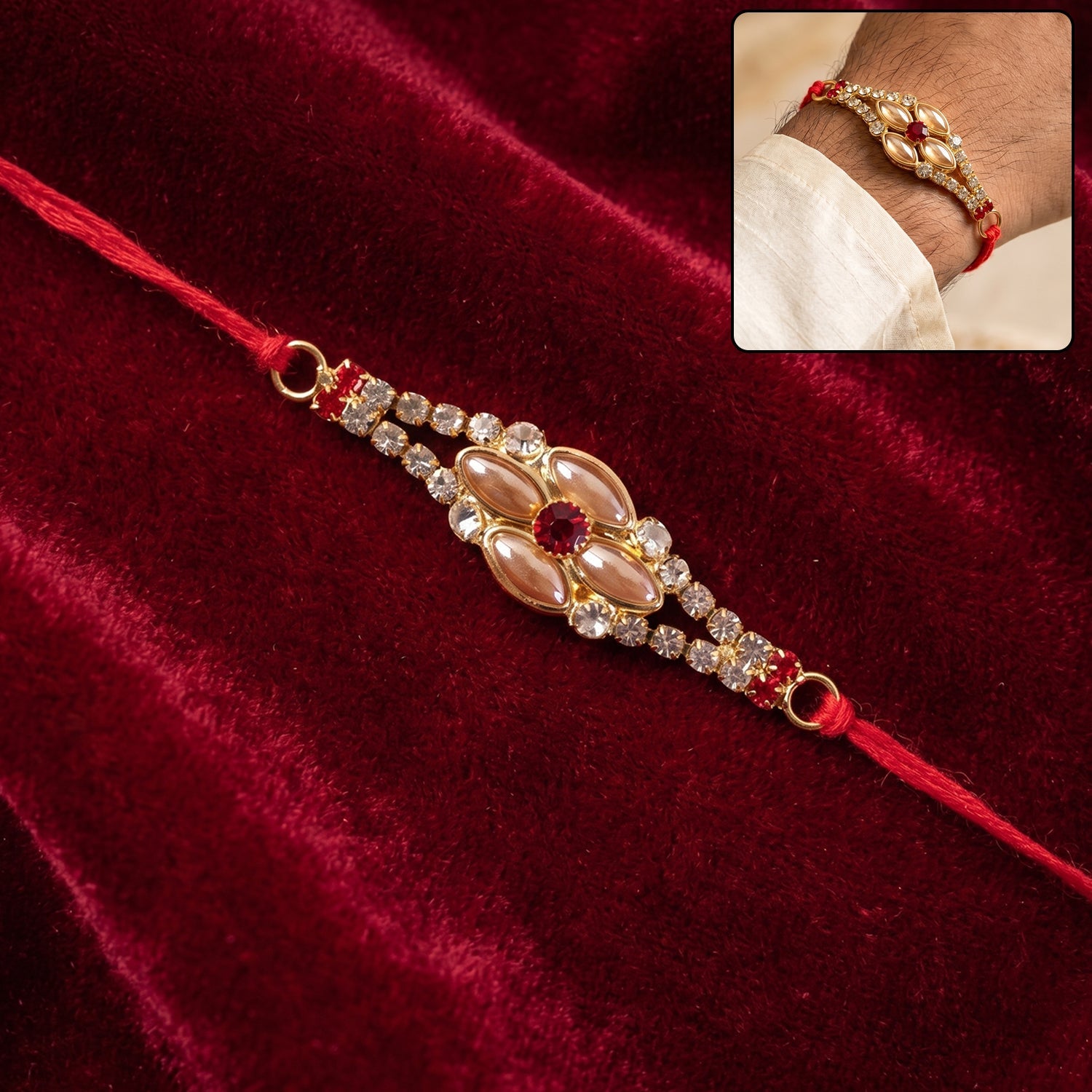 Stylish Stone Floral Rakhi with Pink Pearl Beads for Bhaiya - Rakshabandhan Gift