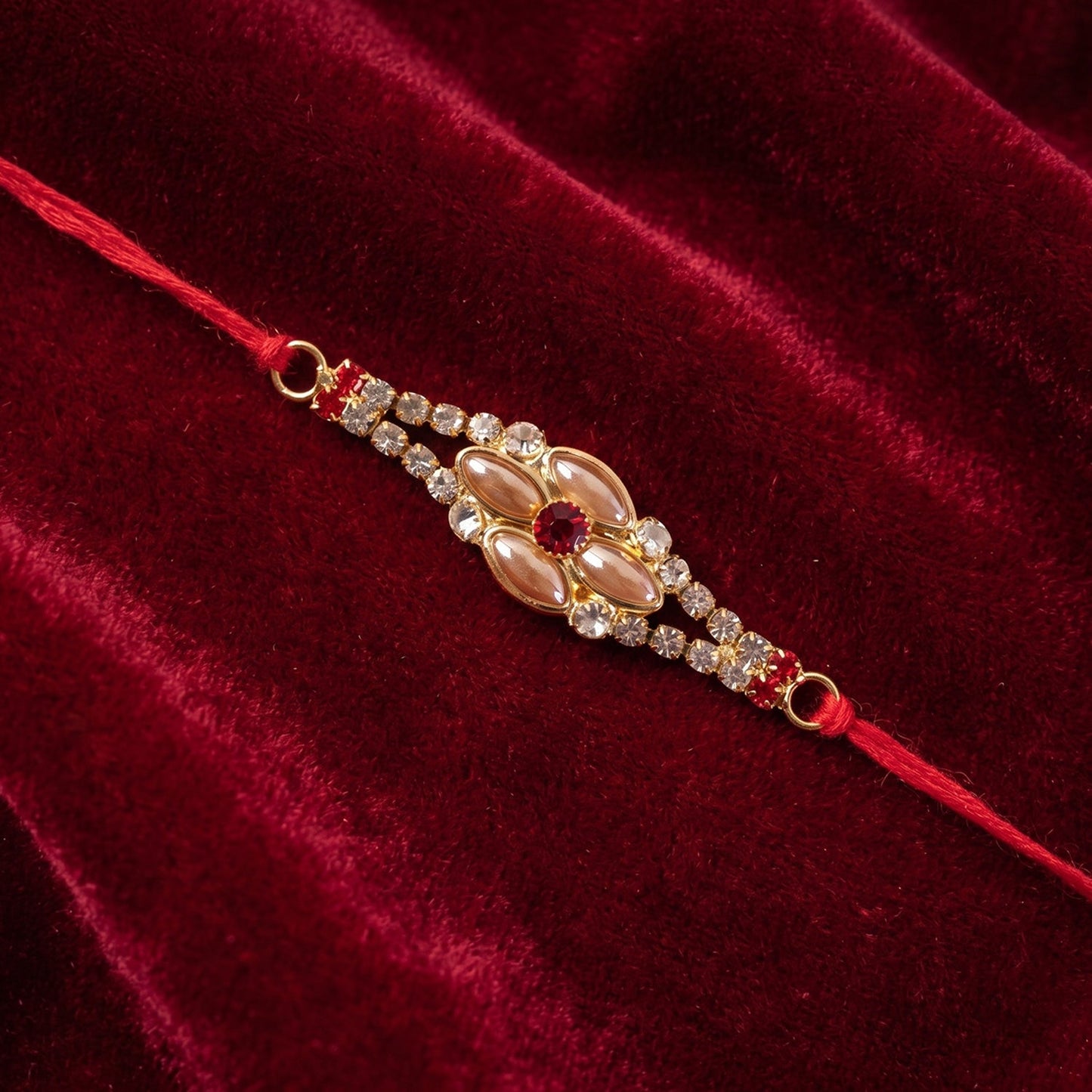 Stylish Stone Floral Rakhi with Pink Pearl Beads for Bhaiya - Rakshabandhan Gift