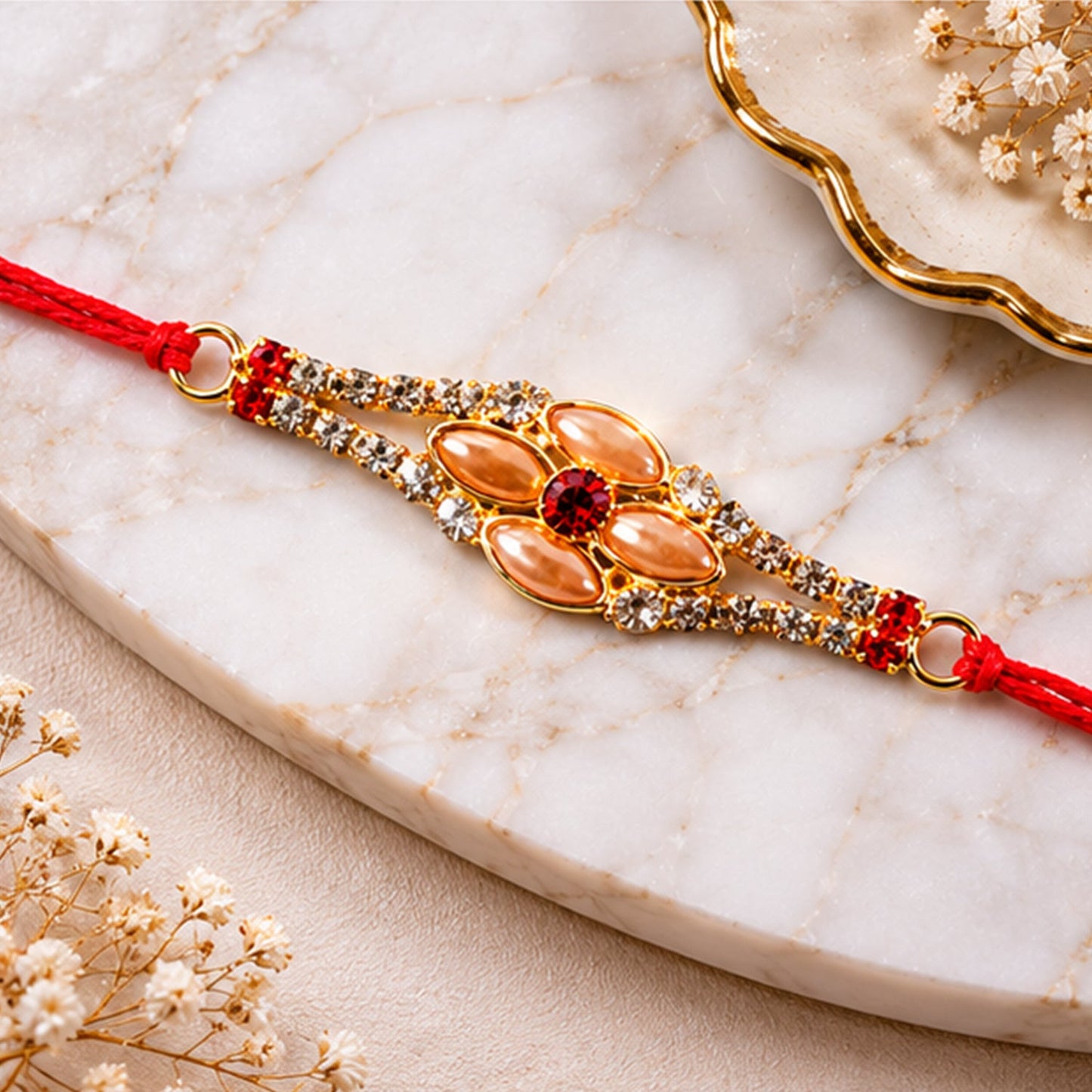 Stylish Stone Floral Rakhi with Pink Pearl Beads for Bhaiya - Rakshabandhan Gift