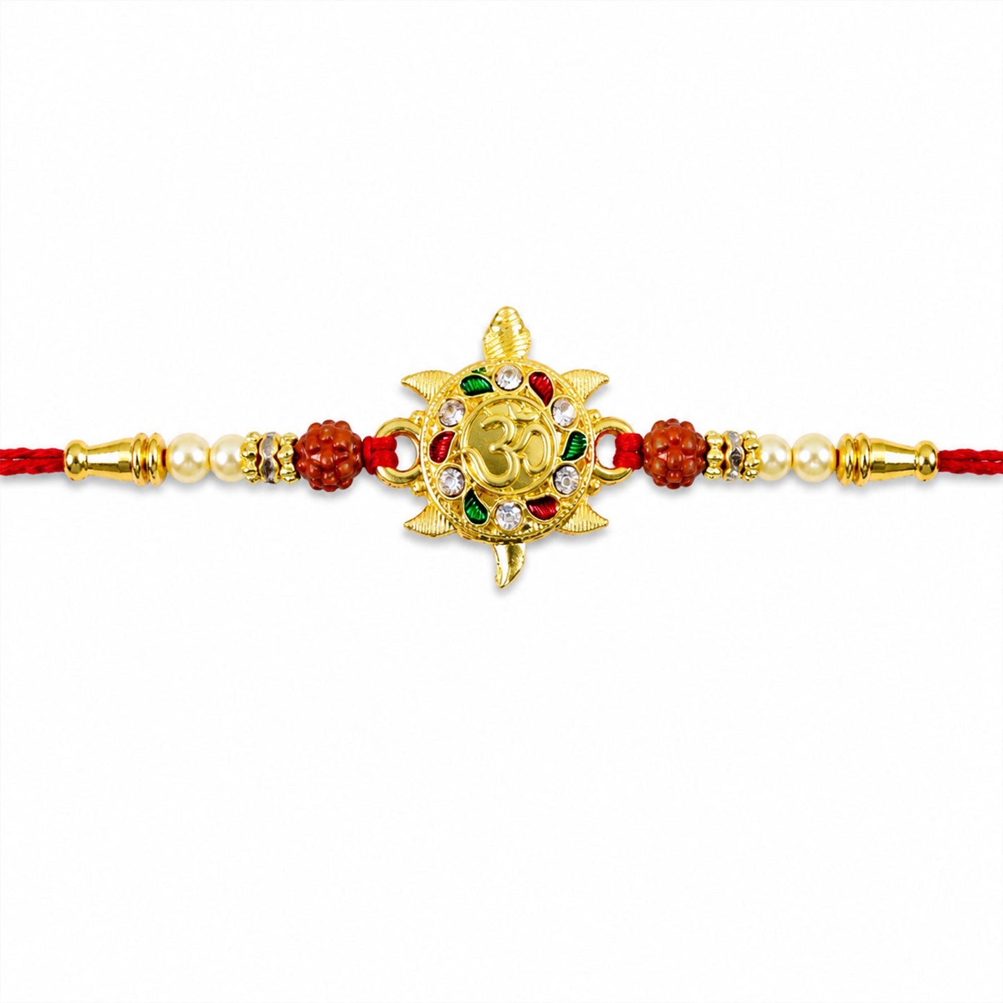 Auspicious Golden Tortoise Om Rakhi with Meenakari & Rudraksha Beads for Brother