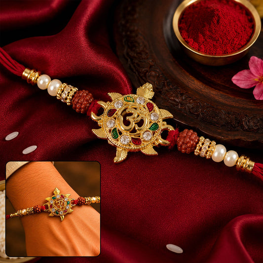 Auspicious Golden Tortoise Om Rakhi with Meenakari & Rudraksha Beads for Brother