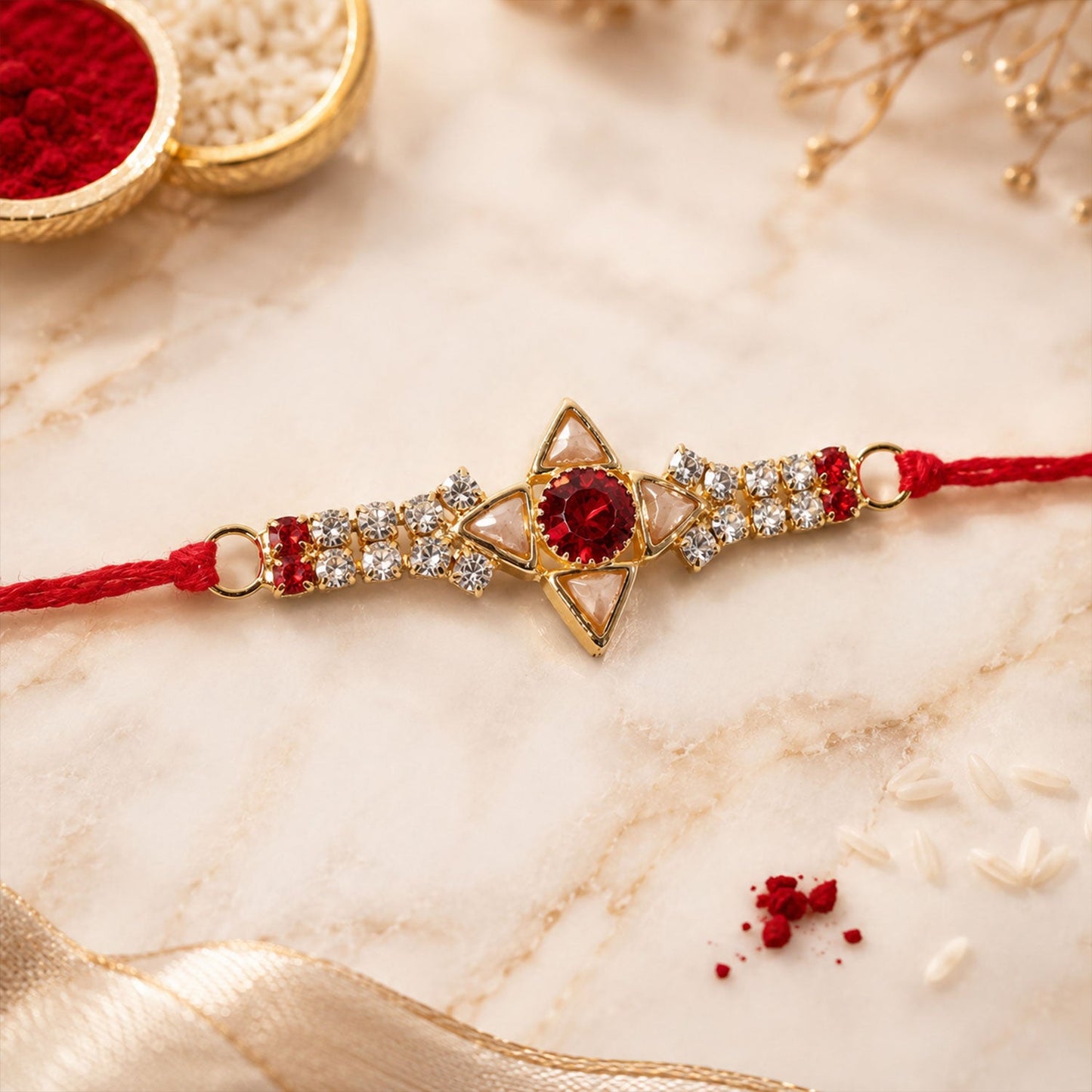 Sparkling Gold Star Rakhi with White & Red Stones for Brother - Raksha Bandhan Special