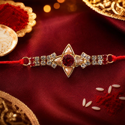 Sparkling Gold Star Rakhi with White & Red Stones for Brother - Raksha Bandhan Special