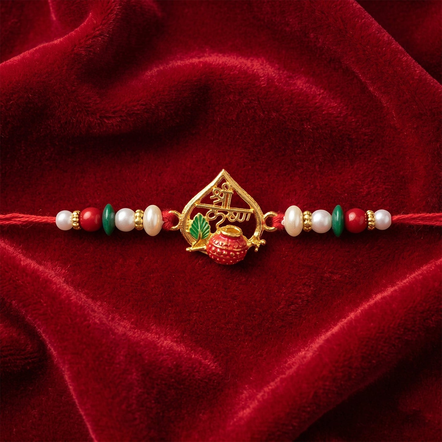Golden Shree Krishna Rakhi with Pearls & Beads for Beloved Brother