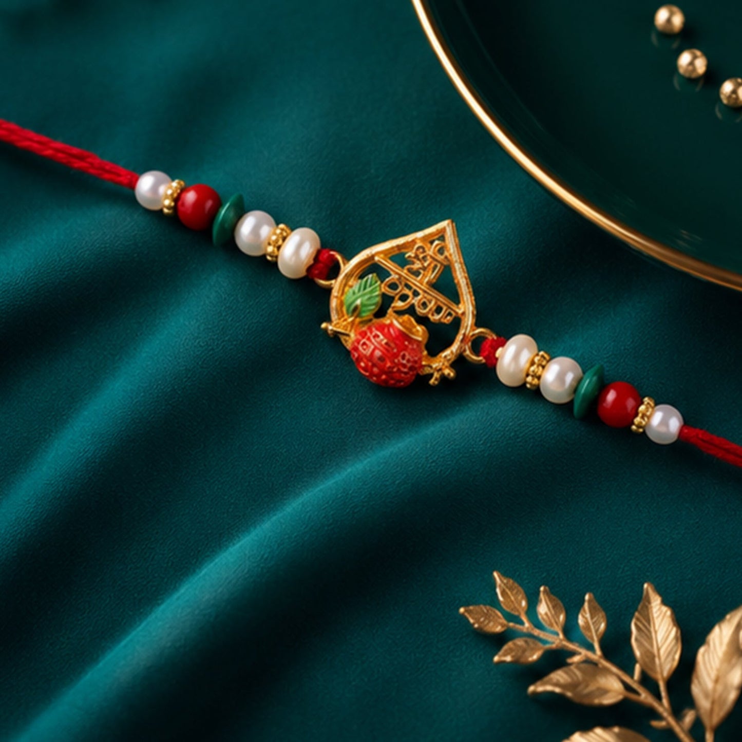 Golden Shree Krishna Rakhi with Pearls & Beads for Beloved Brother