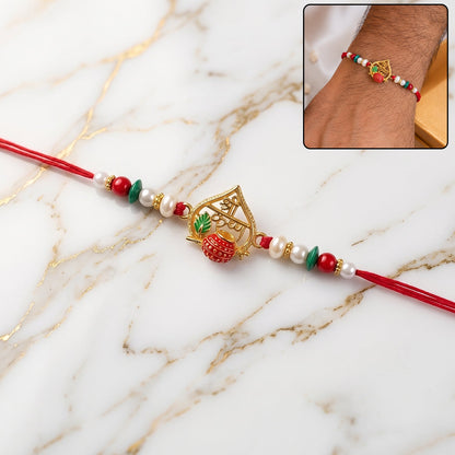 Golden Shree Krishna Rakhi with Pearls & Beads for Beloved Brother