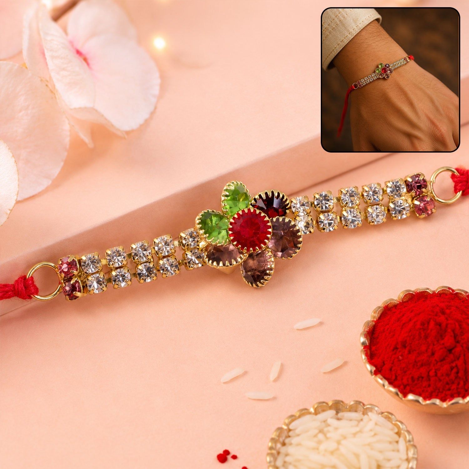 Designer AD Stone Bracelet Rakhi with Colourful Floral Motif for Brother