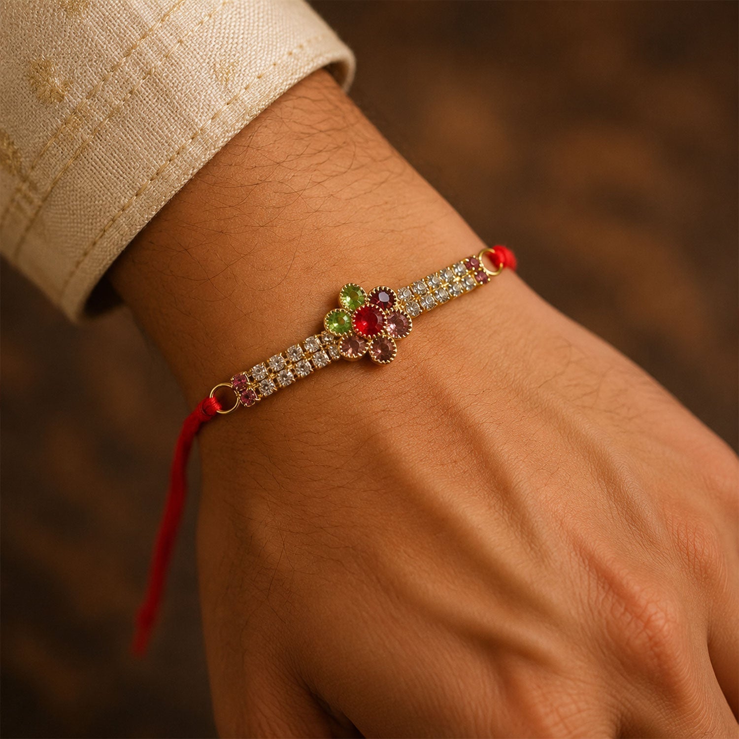 Designer AD Stone Bracelet Rakhi with Colourful Floral Motif for Brother