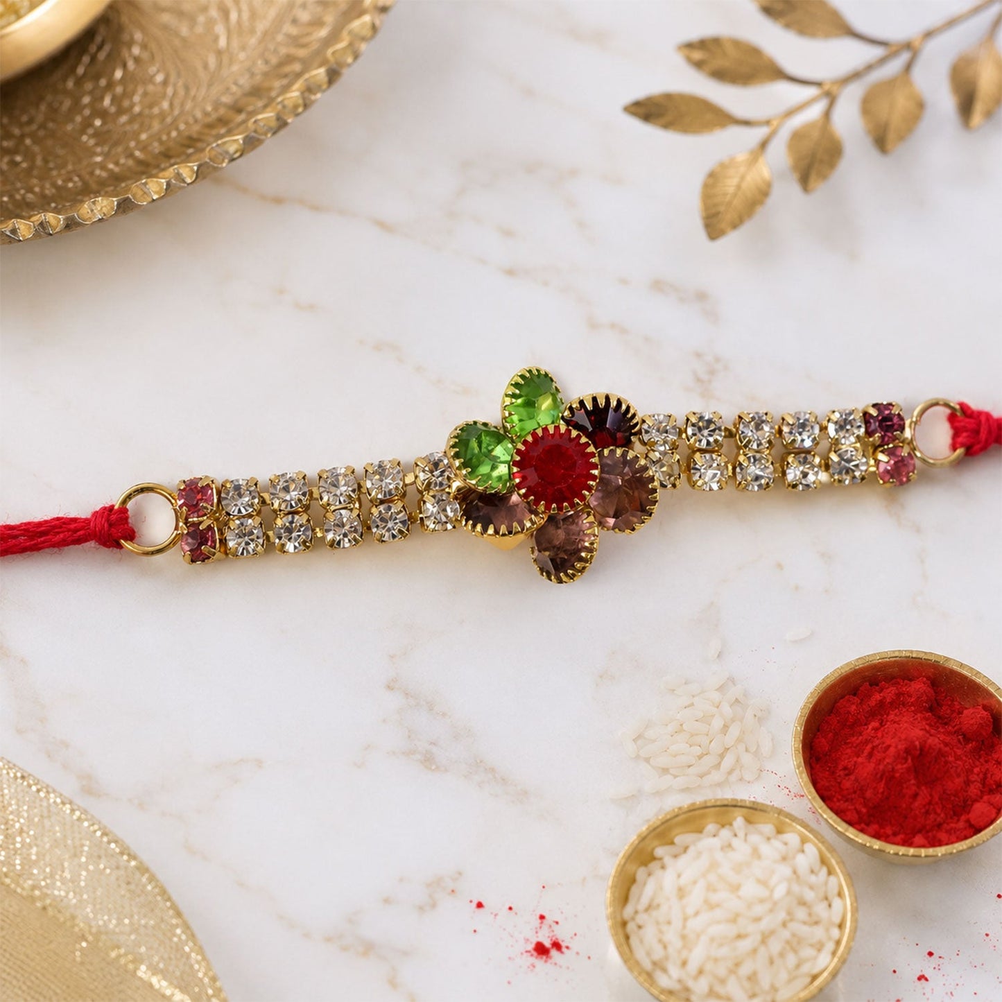 Designer AD Stone Bracelet Rakhi with Colourful Floral Motif for Brother