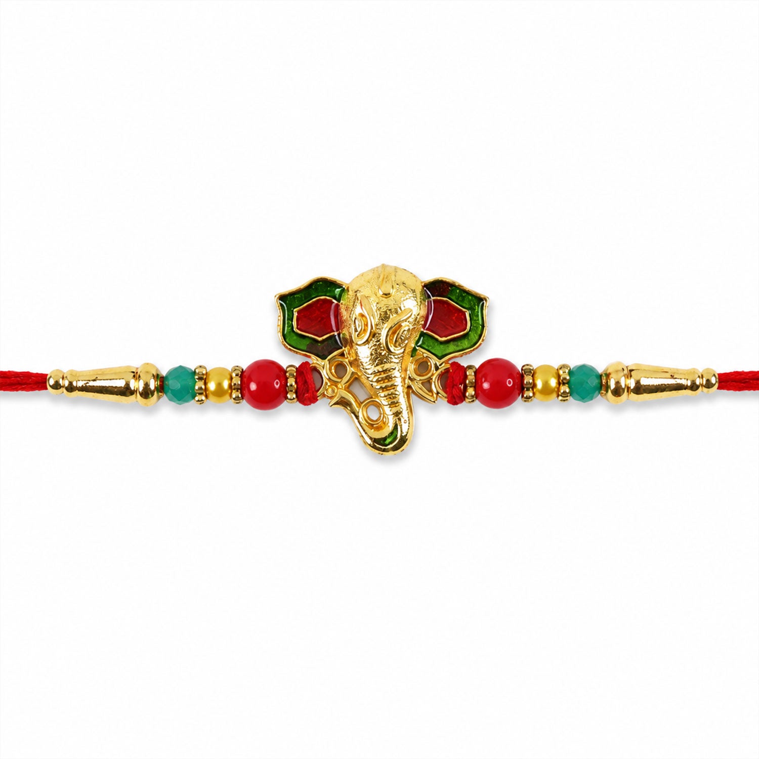Lord Ganesha Golden Meenakari Rakhi with Red & Green Beads for Brother