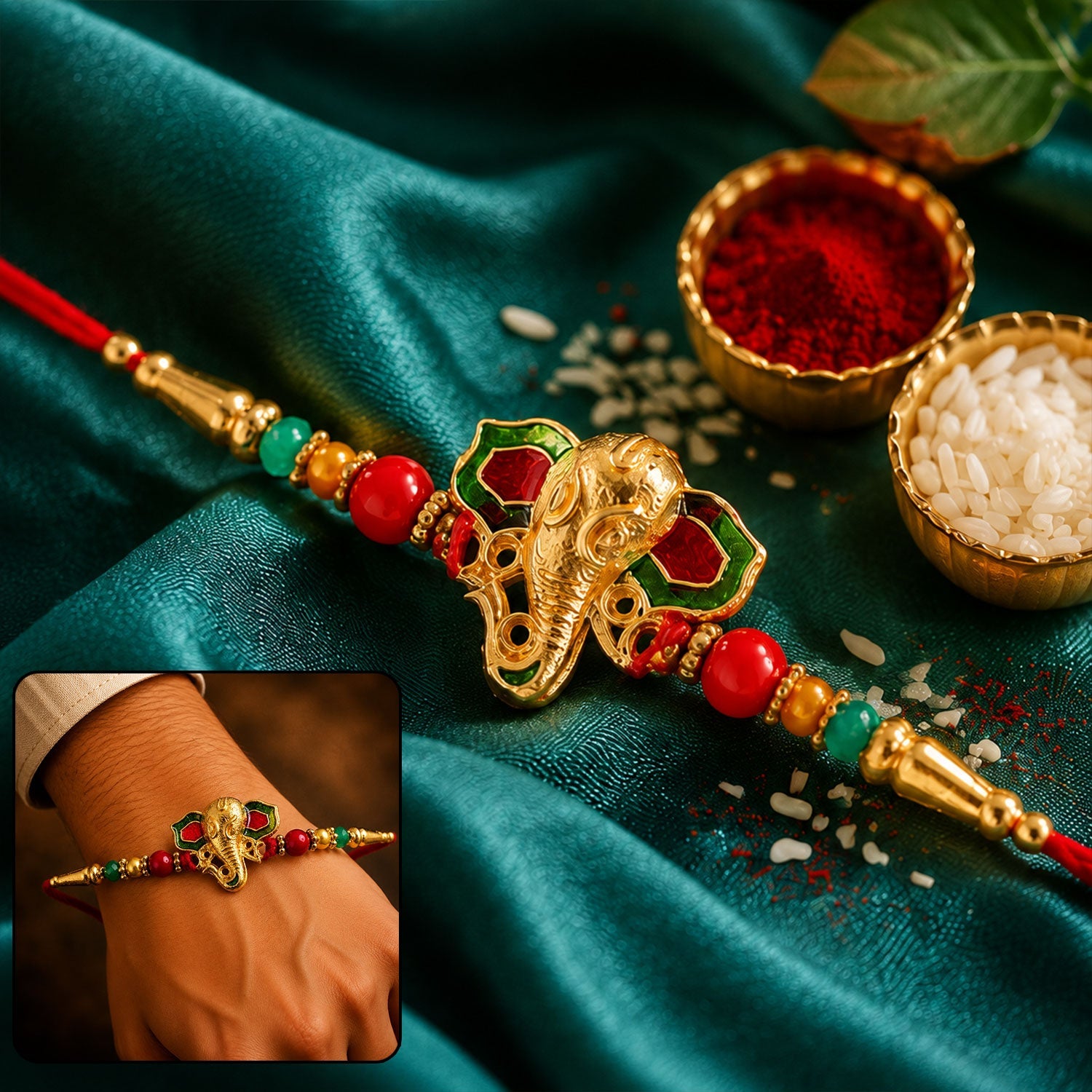 Lord Ganesha Golden Meenakari Rakhi with Red & Green Beads for Brother