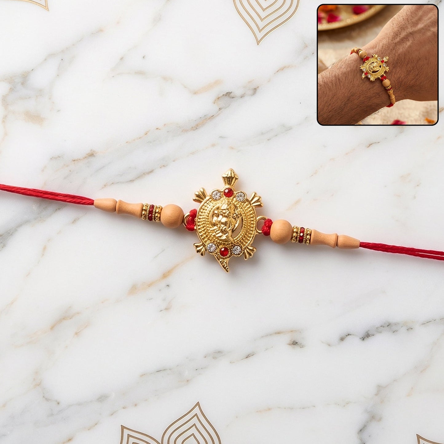Traditional Golden Om Rakhi with Beads for Brother - Rakshabandhan Gift