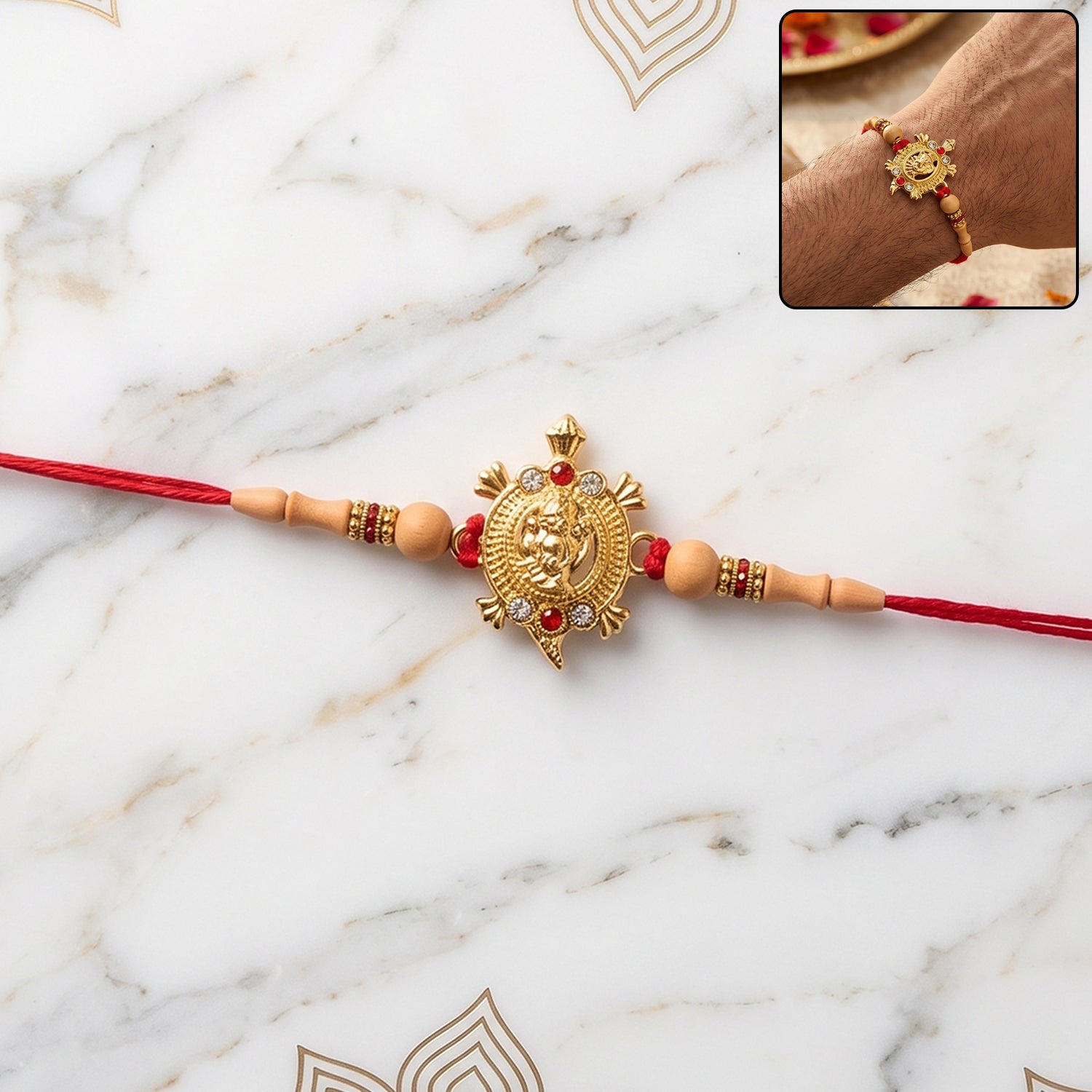 Traditional Golden Om Rakhi with Beads for Brother - Rakshabandhan Gift