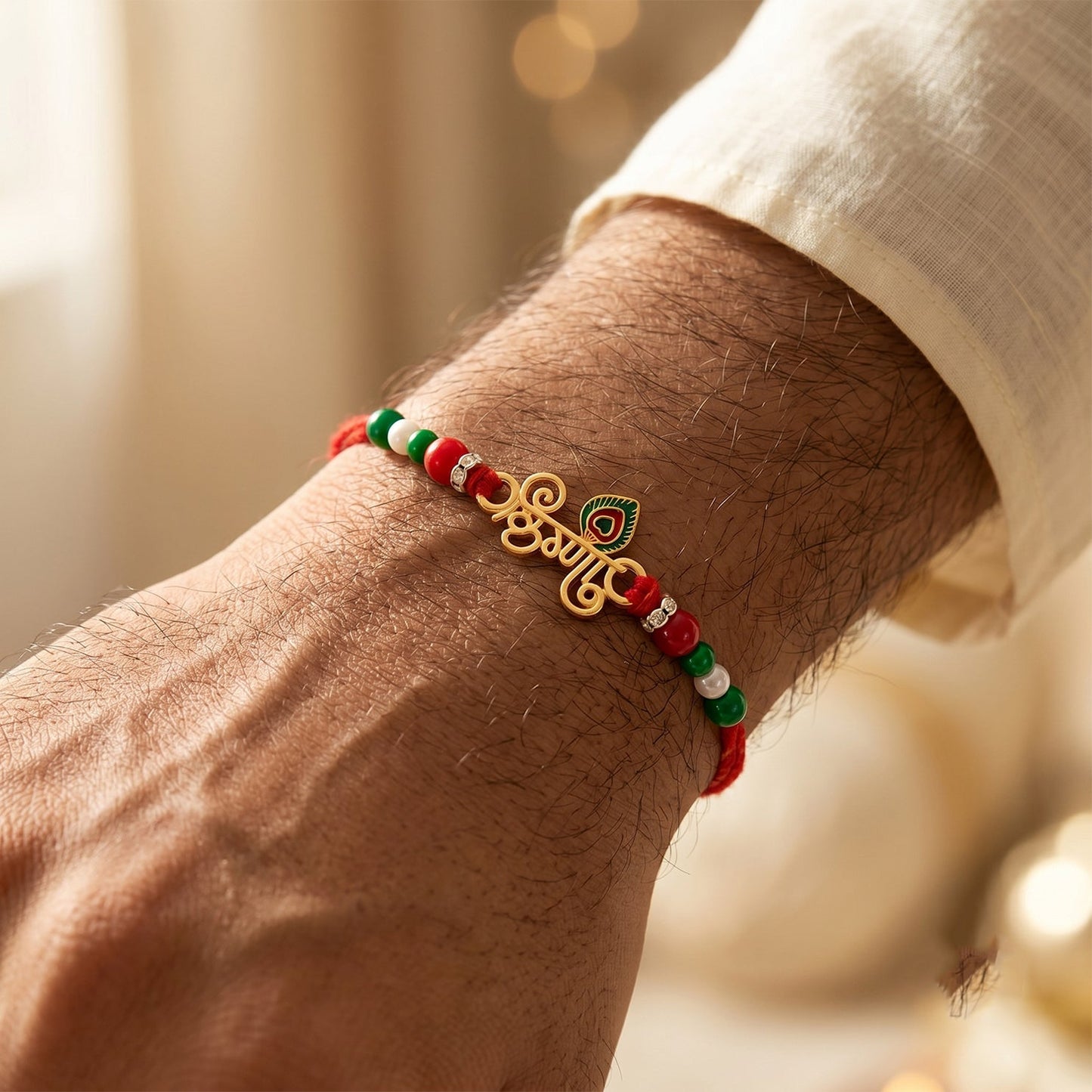 Golden Krishna Text Rakhi with Beads for Brother