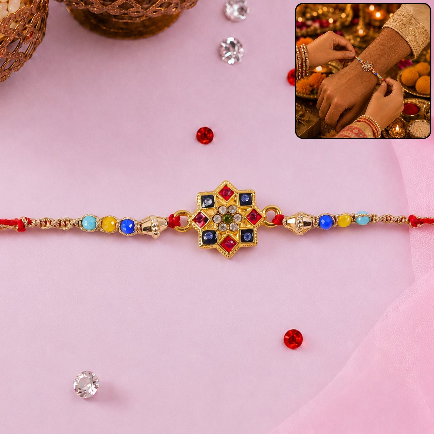 Colourful Multi-Bead AD Stone Rakhi with Motif for Brother