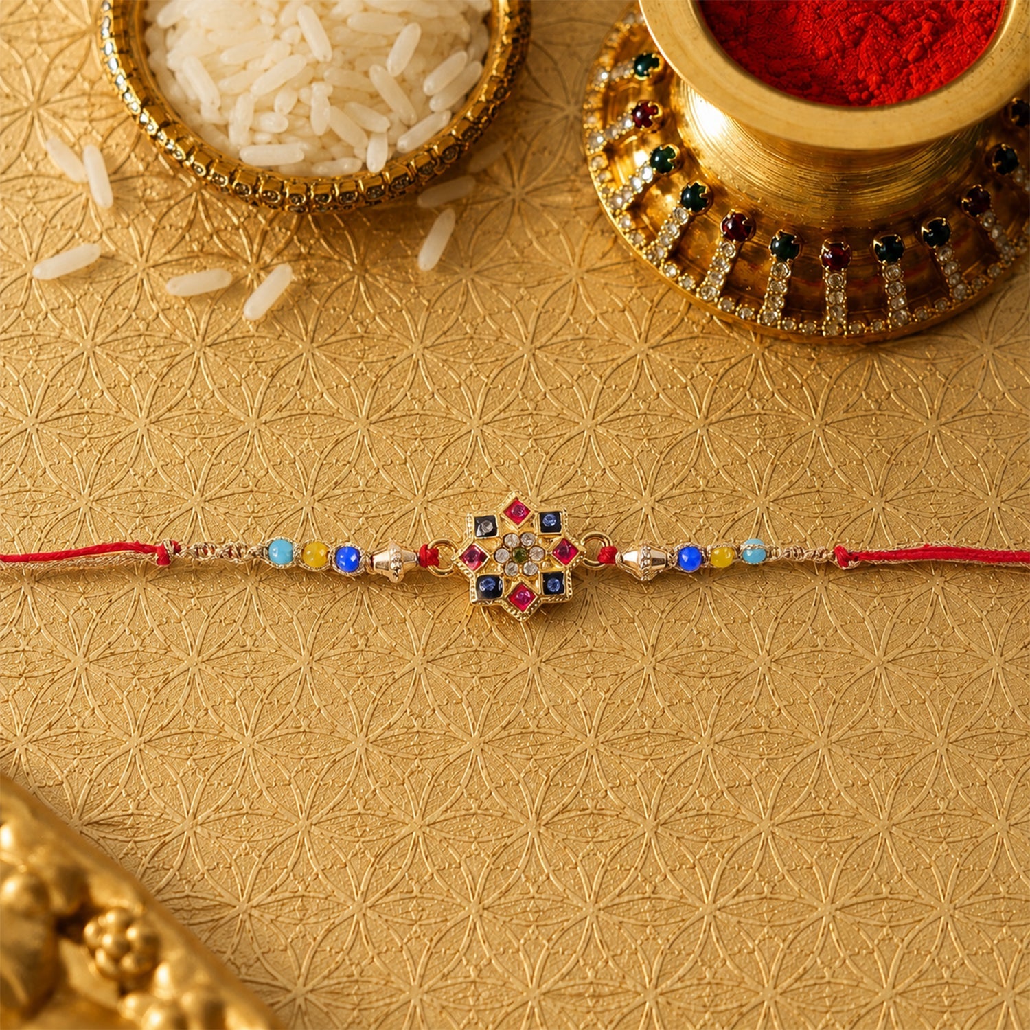 Colourful Multi-Bead AD Stone Rakhi with Motif for Brother