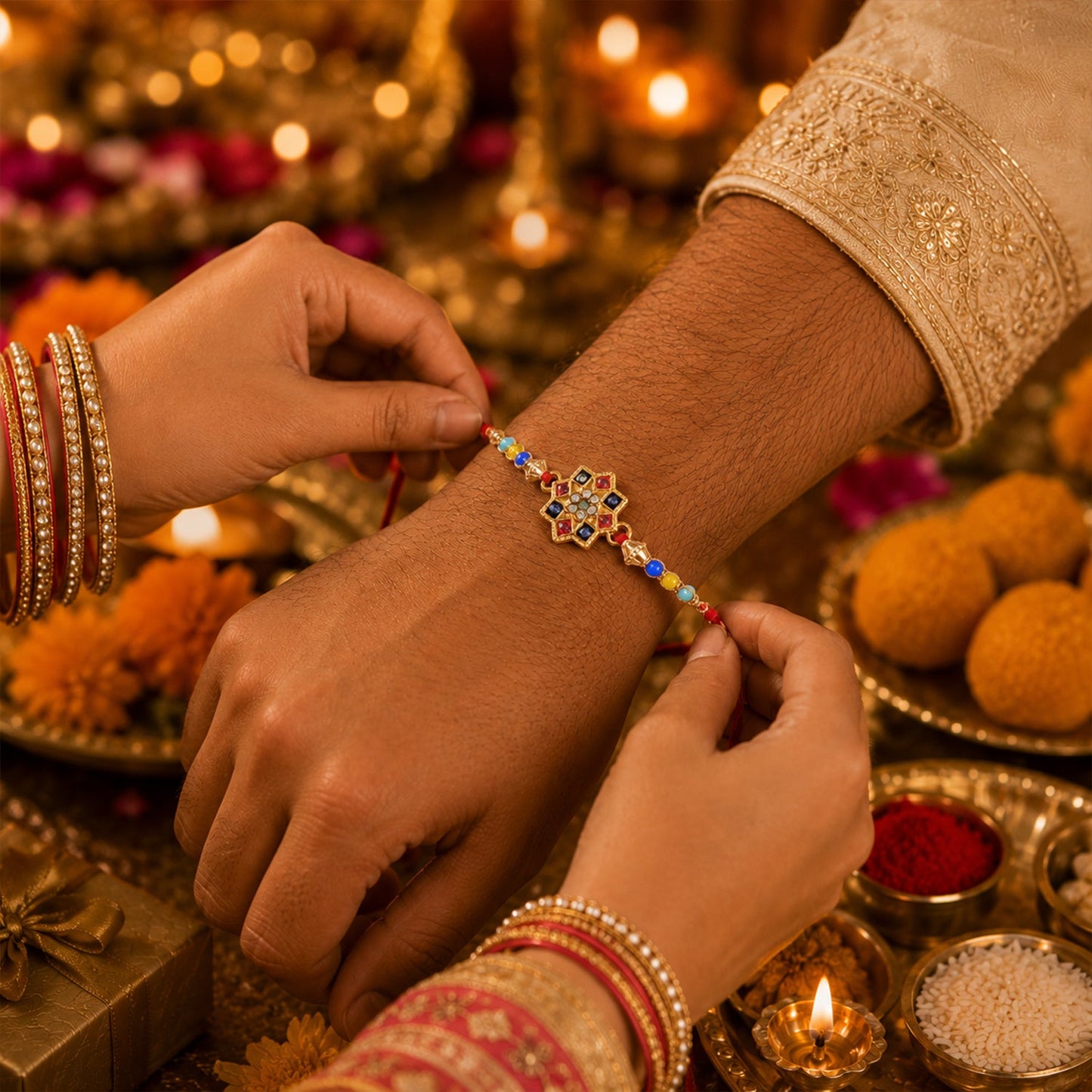Colourful Multi-Bead AD Stone Rakhi with Motif for Brother