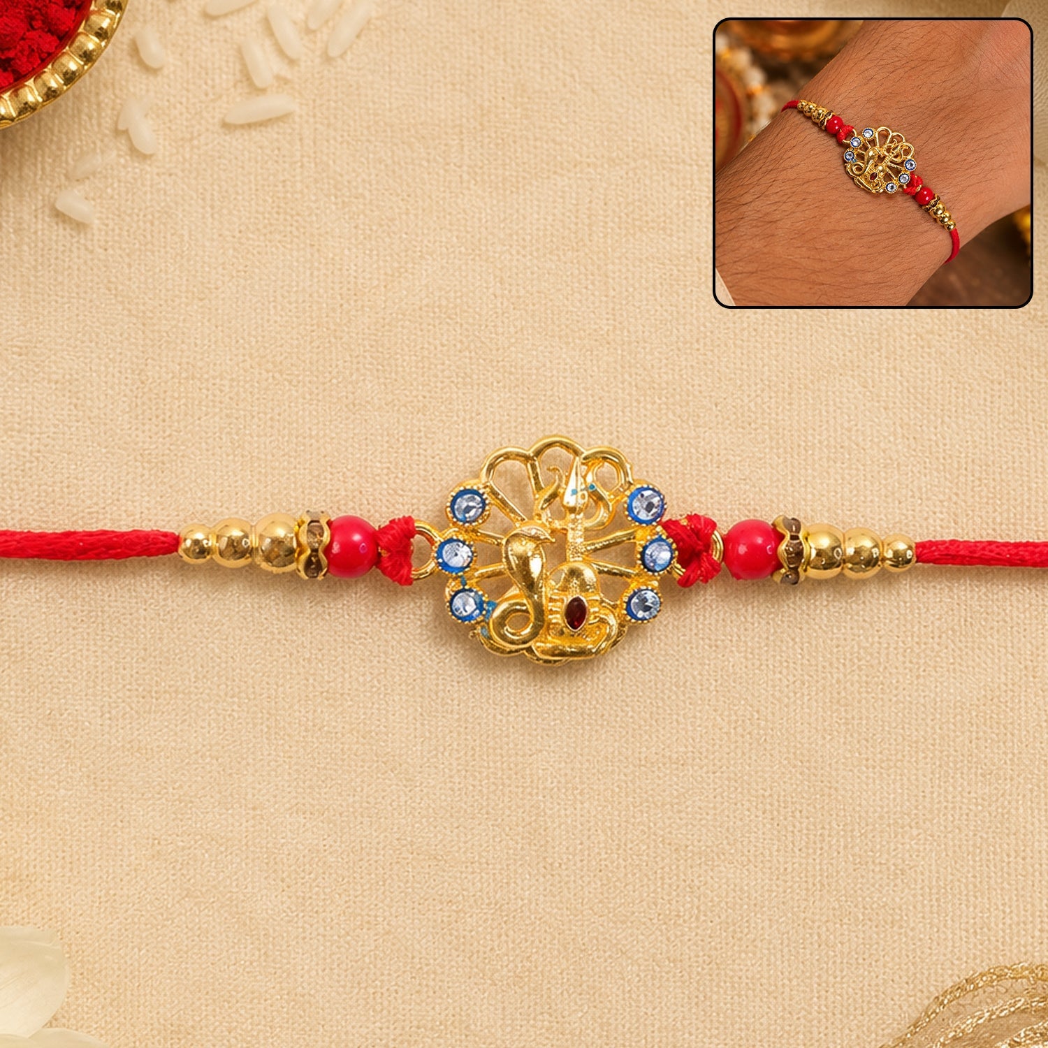 God Charm Rakhi with Blue & Red Stones for Brother - Rakshabandhan Gift