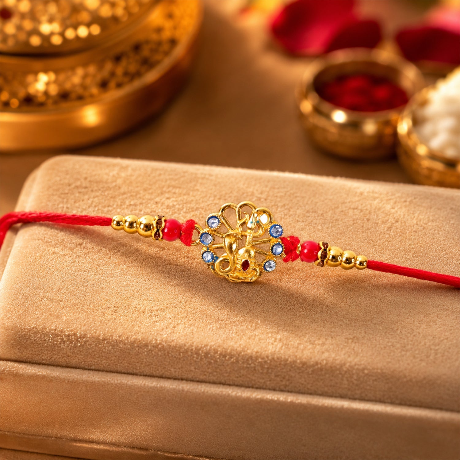 God Charm Rakhi with Blue & Red Stones for Brother - Rakshabandhan Gift