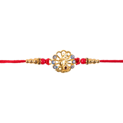 God Charm Rakhi with Blue & Red Stones for Brother - Rakshabandhan Gift