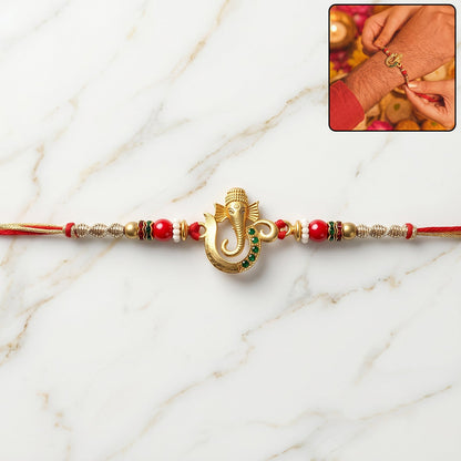 Golden Ganesha Rakhi with Beads for Brother - Raksha Bandhan Special