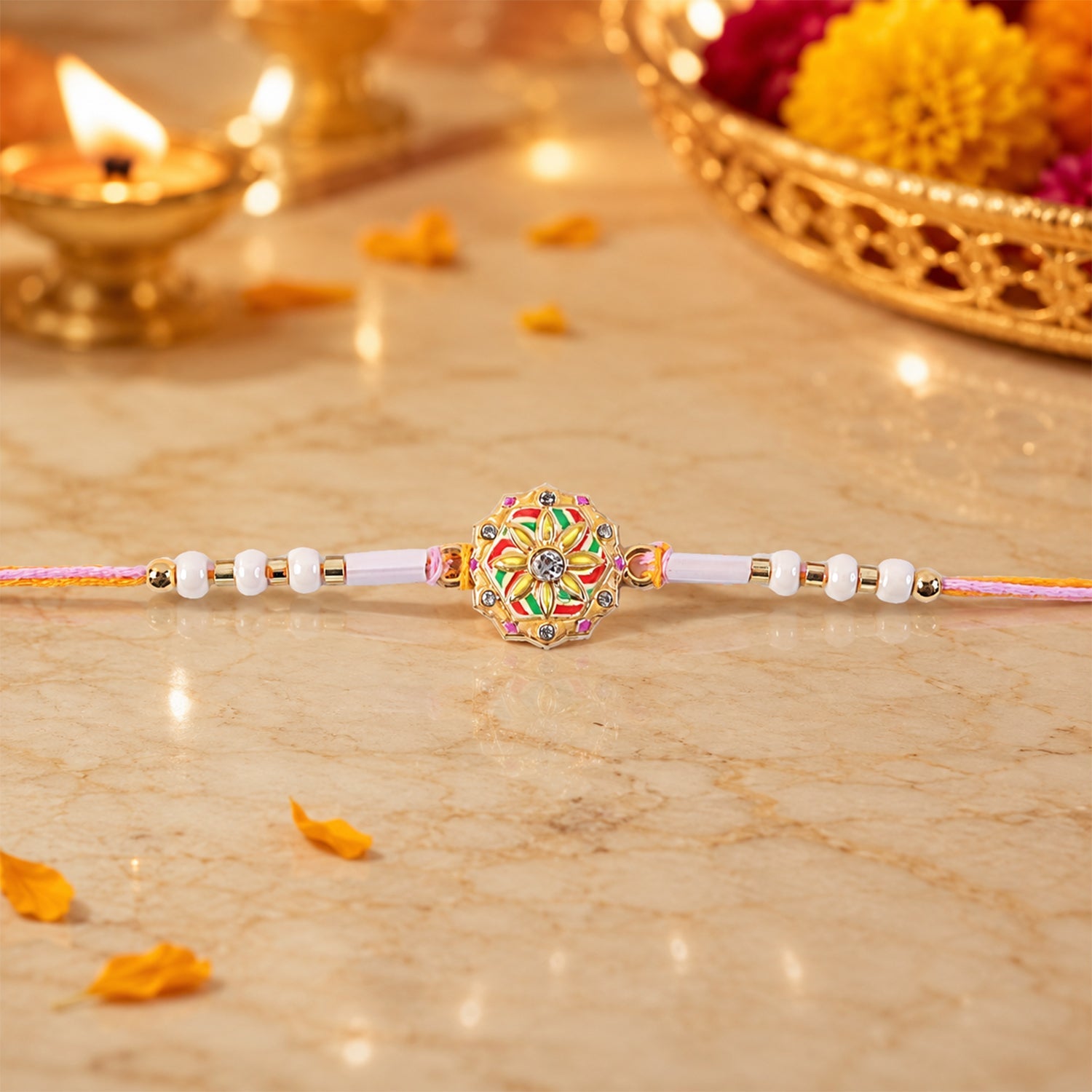 Colourful Meenakari Bead Rakhi with Pearls for Brother - Rakshabandhan Gift