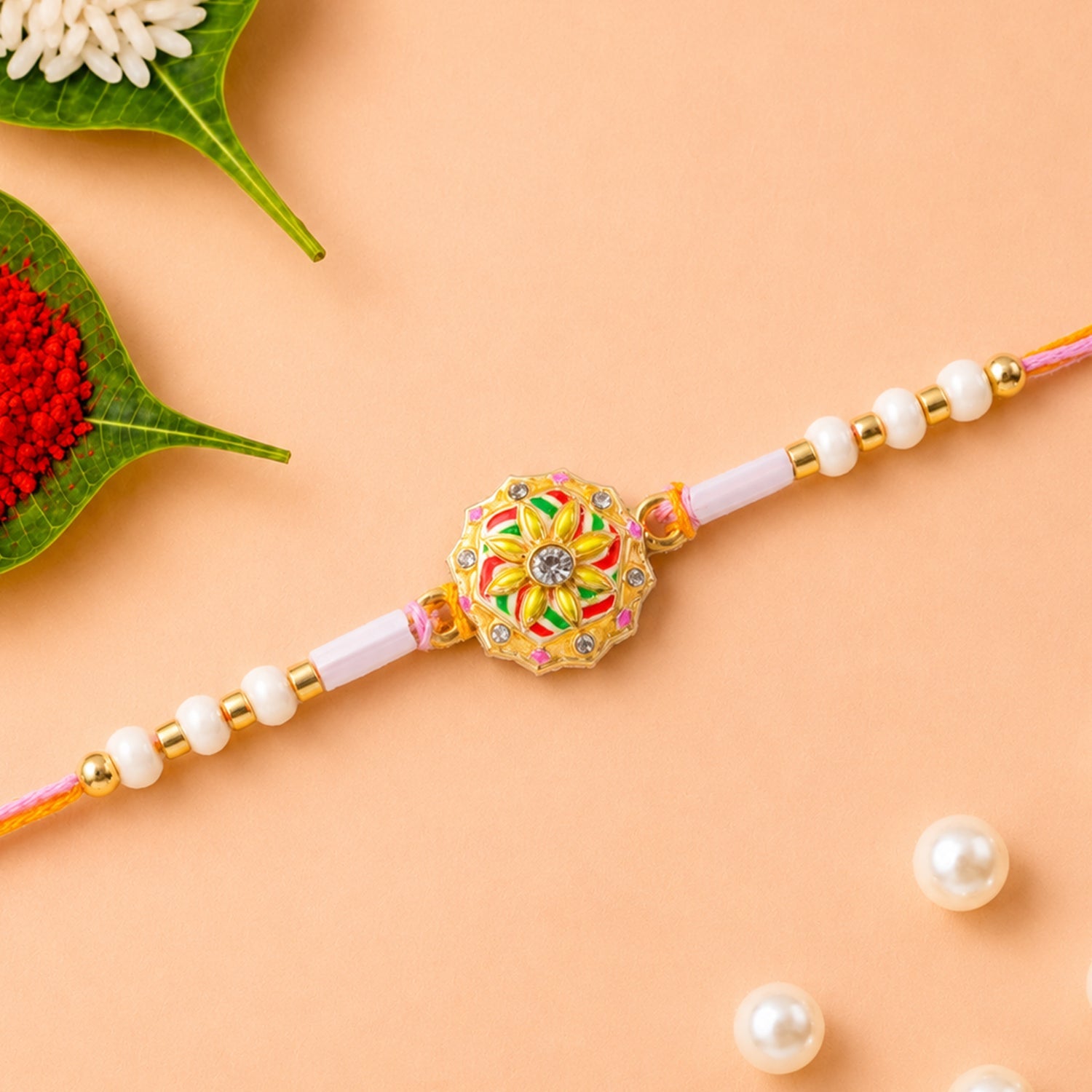 Colourful Meenakari Bead Rakhi with Pearls for Brother - Rakshabandhan Gift
