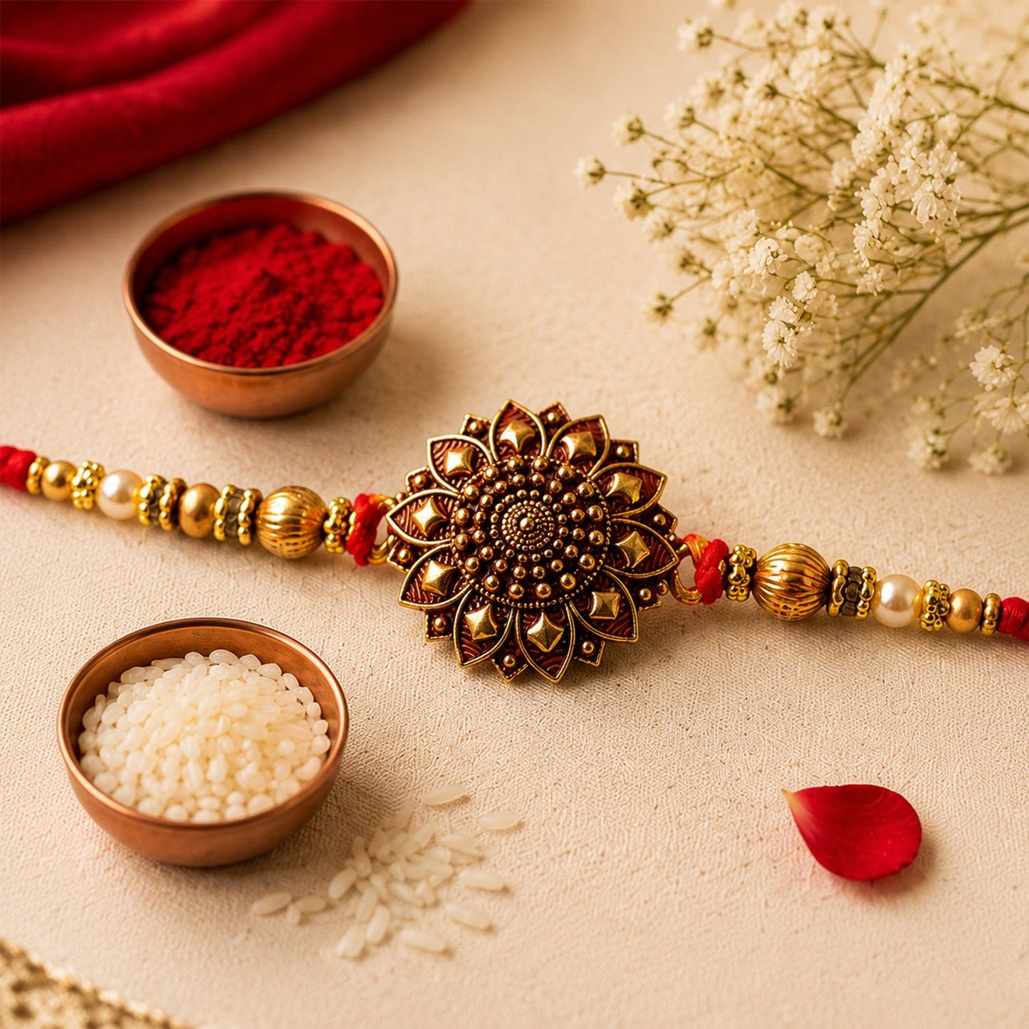 Detailed view of the antique gold floral mandala design on Rakhi