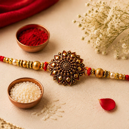 Detailed view of the antique gold floral mandala design on Rakhi